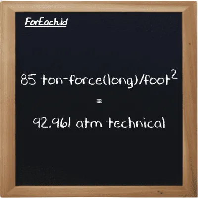 85 ton-force(long)/foot<sup>2</sup> is equivalent to 92.961 atm technical (85 LT f/ft<sup>2</sup> is equivalent to 92.961 at)